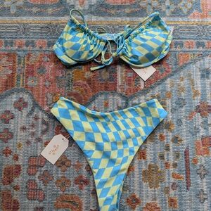 Aurelle Blue and Yellow Checkered Bikini Set - New With Tags, Size Large
